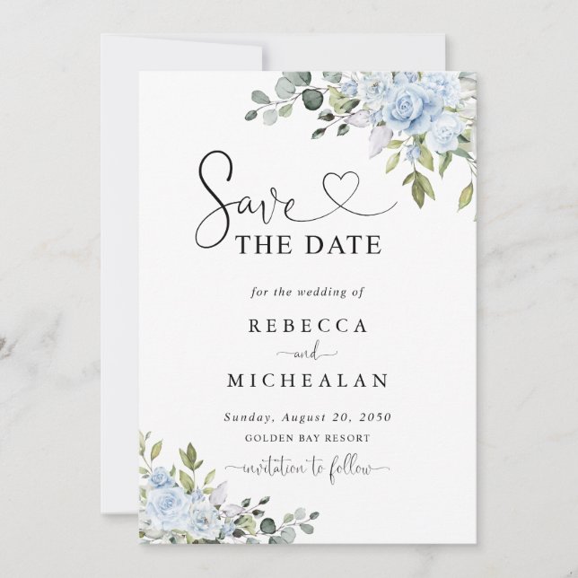 Invitación Ahorre la Fecha Botánico Azul Suave para Boda (Anverso)