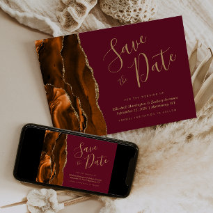 Invitación Ahorre la Fecha de Agata Burgundy Dorado Naranja Q