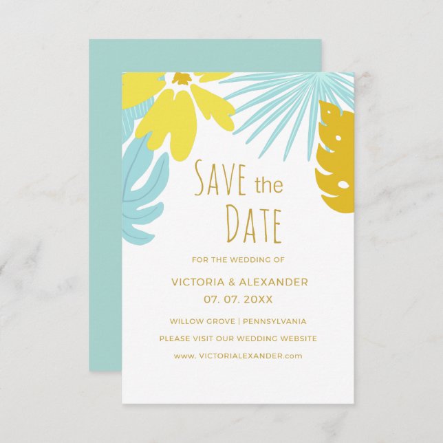 Invitación Ahorre la fecha de boda botánica tropical verde (Anverso / Reverso)