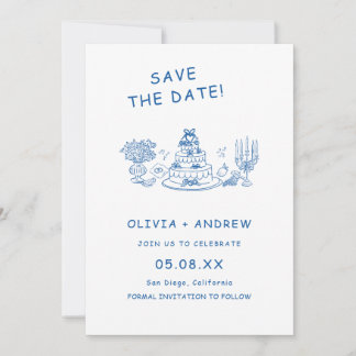 Invitación Ahorre la fecha de boda caprichosa dibujada a mano