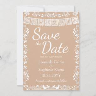 Invitación Ahorre la Fecha de Boda con Papel Picado Beige