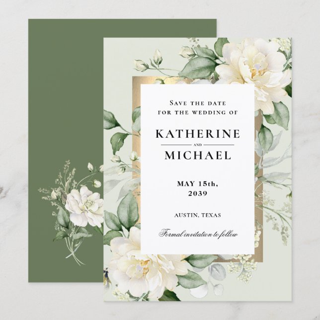 Invitación Ahorre la fecha de boda de eucalipto verde salvia (Anverso / Reverso)