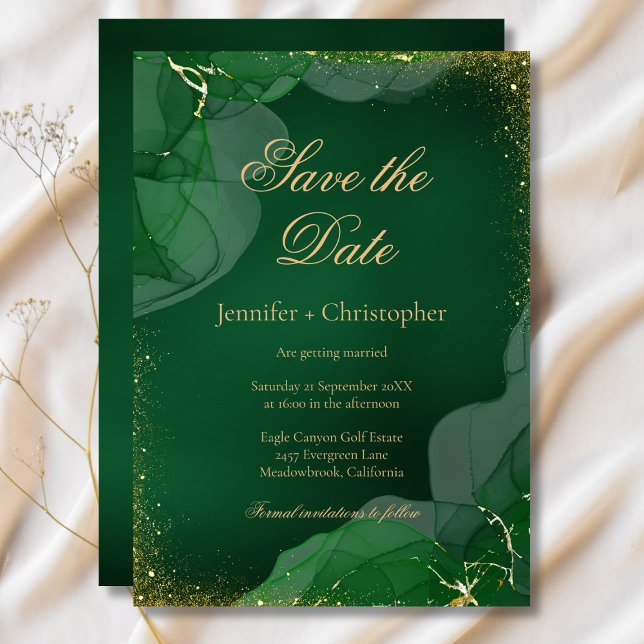 Invitación Ahorre la Fecha de Boda de Mármol Verde Esmeralda  (Emerald Green Gold Marble Wedding Save The Date Invitation)