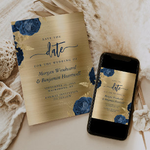 Invitación Ahorre la fecha de boda elegante azul marino flora