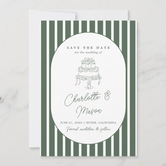 Invitación Ahorre la fecha de cabana preppy con rayas verde o (Anverso)