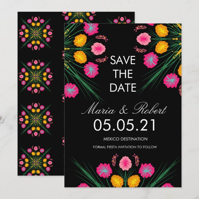 Invitación Ahorre la Fecha de Flores Negras y Rosadas Dibujad (Anverso / Reverso)