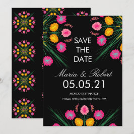 Invitación Ahorre la Fecha de Flores Negras y Rosadas Dibujad