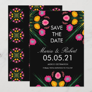 Invitación Ahorre la Fecha de Flores Negras y Rosadas Dibujad