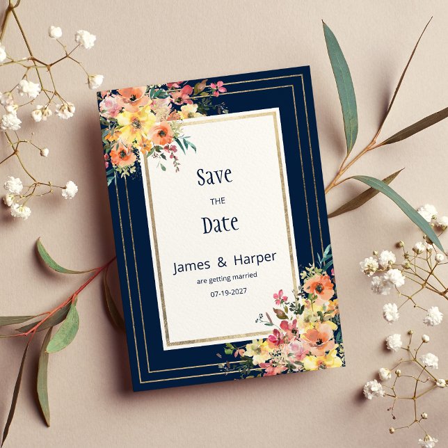 Invitación Ahorre la fecha floral azul marino rosa naranja do (Navy blue pink orange gold floral Save the Date)