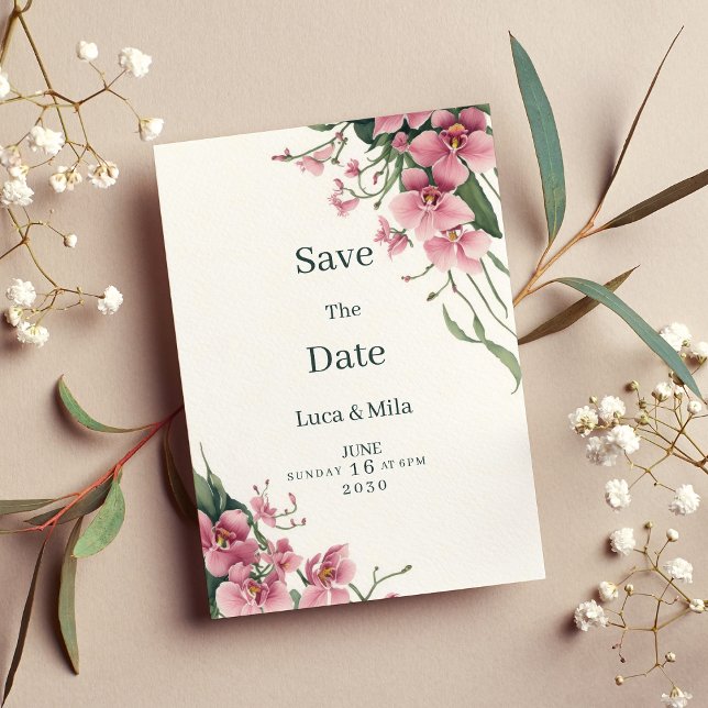 Invitación Ahorre la fecha floral orquídea rosa menta acuarel (Watercolor mint pink orchid floral Save the Date)