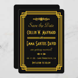 Invitación Ahorre la fecha simple Art Deco negro y dorado