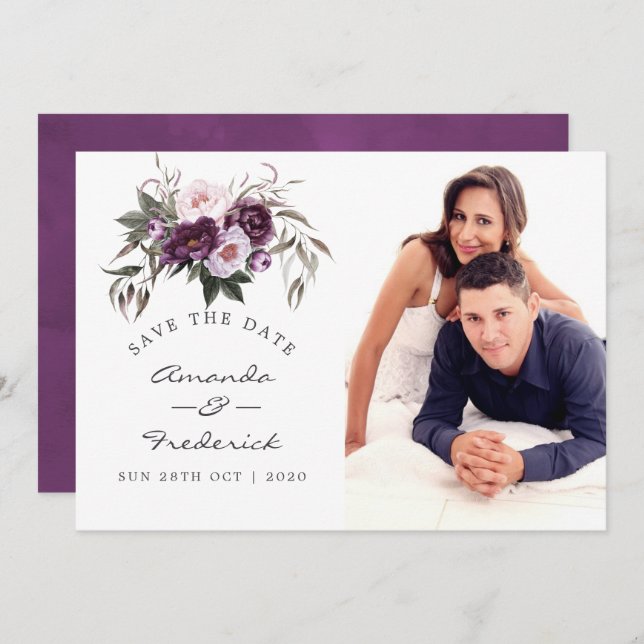 Invitación Ahorro de boda floral de terciopelo profundo (Anverso / Reverso)