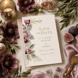 Invitación Ahorro de Fecha de Boda Botánico de Ciruela y Oliv