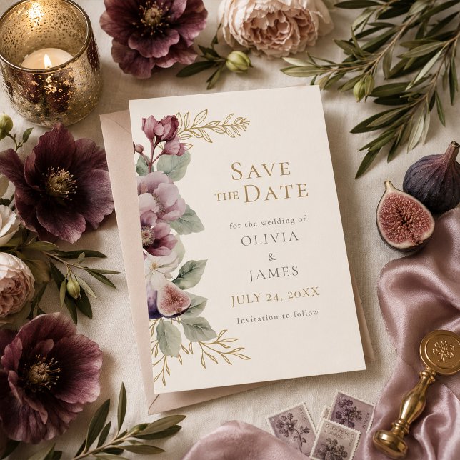 Invitación Ahorro de Fecha de Boda Botánico de Ciruela y Oliv (Plum & Olive Botanical Wedding Save the Date Invitation)