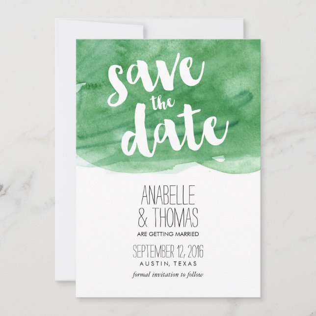 Invitación Ahorro de Fecha de Boda con Acuarela Verde (Anverso)