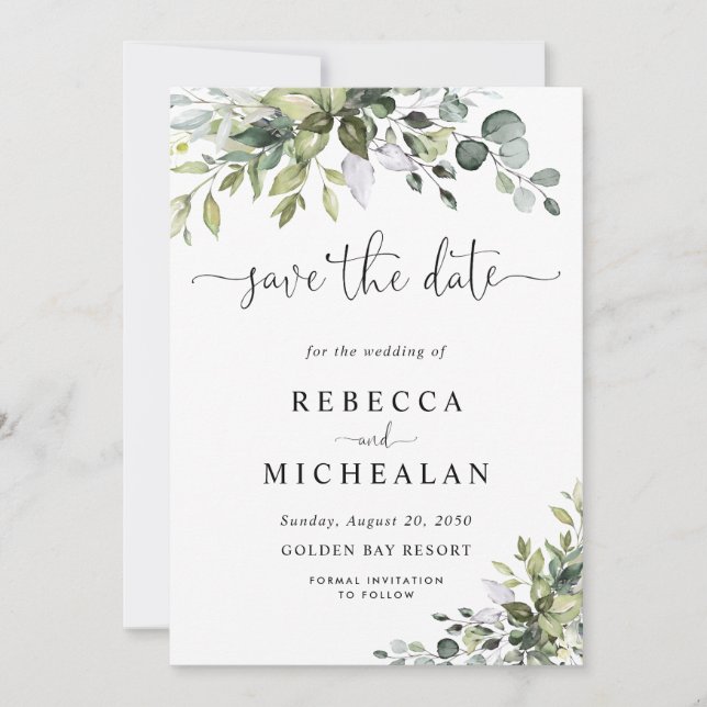 Invitación Ahorro de fecha de boda de eucalipto (Anverso)