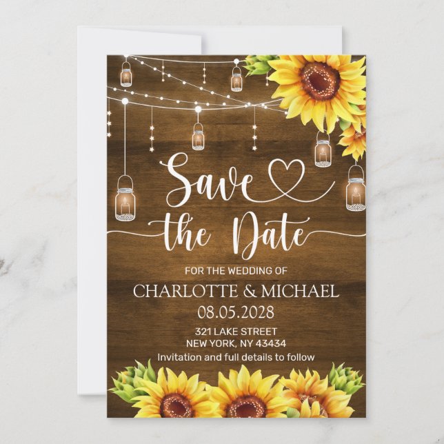 Invitación Ahorro de Fecha de Boda de Girasol Rústico (Anverso)