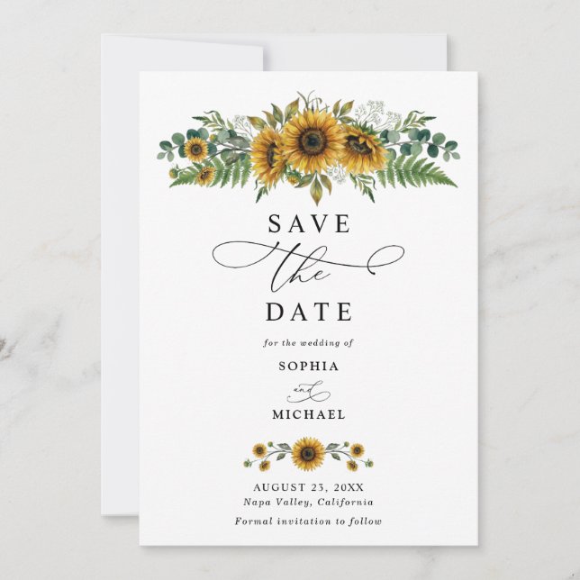 Invitación Ahorro de Fecha de Boda de Girasol Rústico (Anverso)