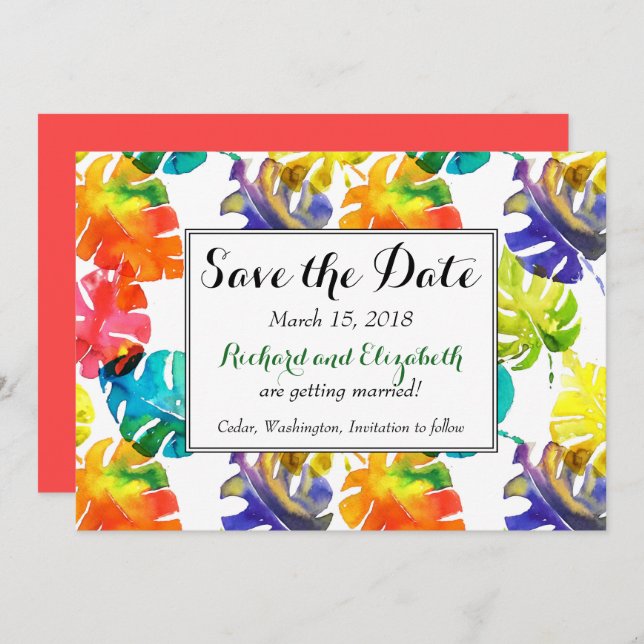 Invitación Ahorro de fecha de boda de hojas tropicales de acu (Anverso / Reverso)