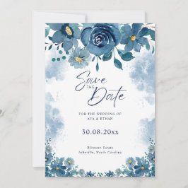 Invitación Ahorro de fecha de boda floral de humo azul marino