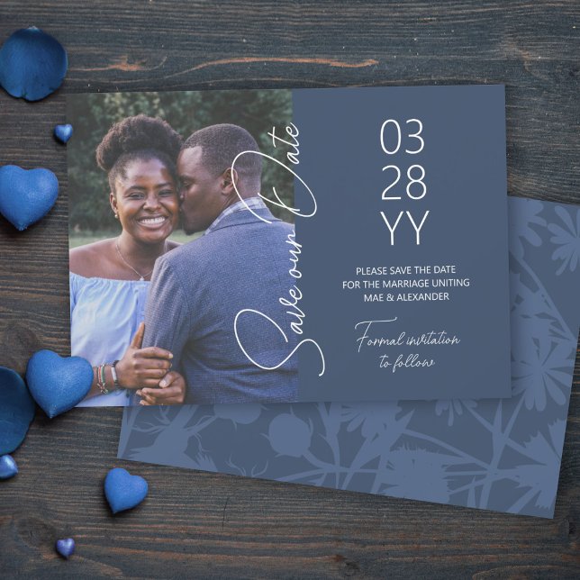Invitación Ahorro de fecha de boda gris azul (slate blue anchor navy grey save the date cards, simple minimalistic elegant script save our date)