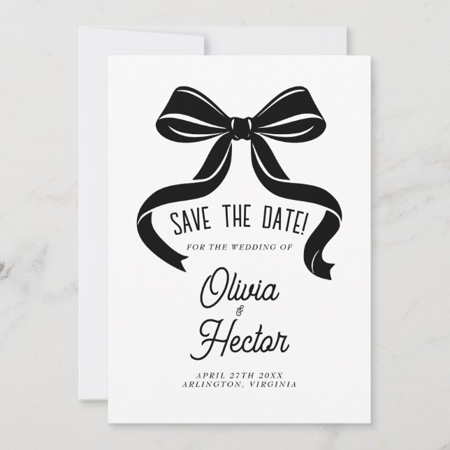 Invitación Ahorro de fecha de boda moderna con lazo negro (Anverso)