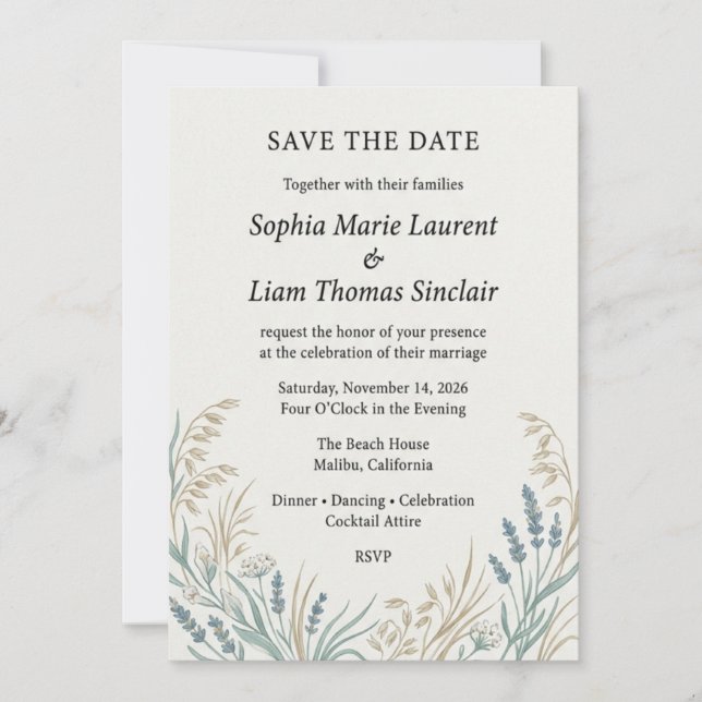 Invitación Ahorro de Fecha de Bodas con Flor Silvestre Rústic (Anverso)