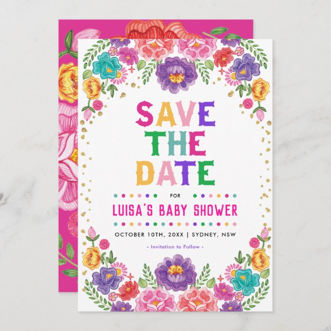 Invitación Ahorro de Fecha de Fiesta Floral Mexicana Colorida (Anverso / Reverso)