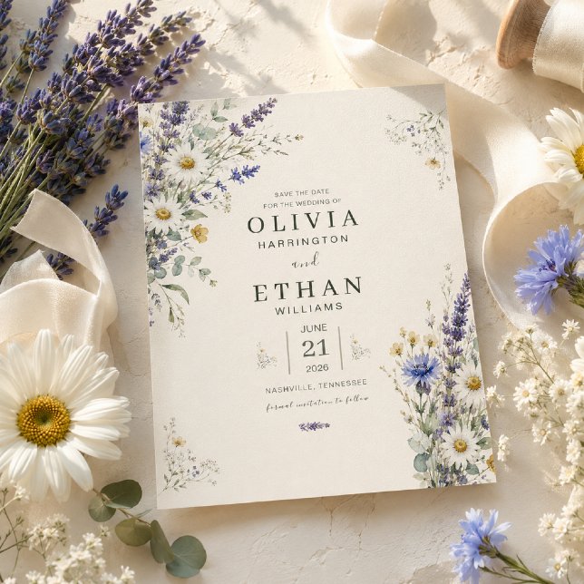 Invitación Ahorro de fecha de pradera de flor silvestre (Elegant Save the Date styled with fresh wildflowers and soft natural light.)