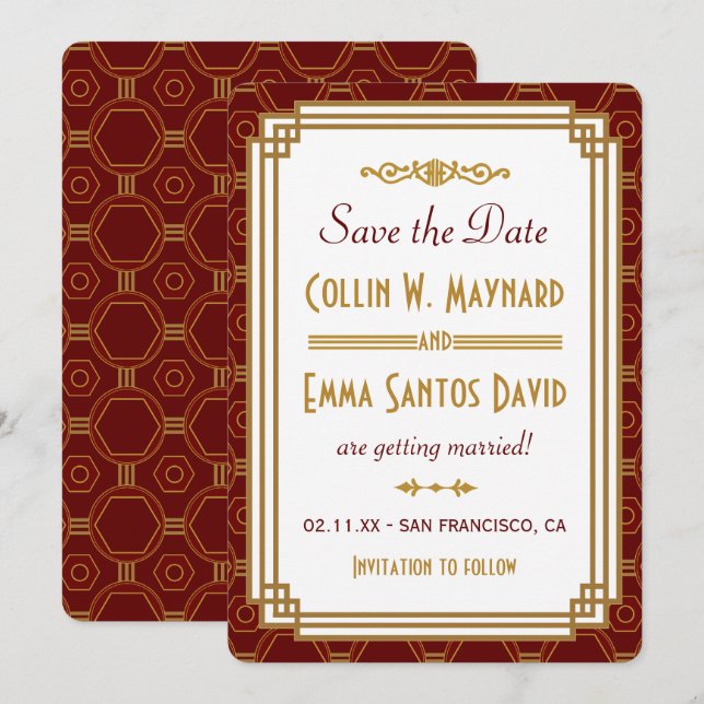 Invitación Ahorro de fecha personalizado Art Déco Borgoña (Anverso / Reverso)
