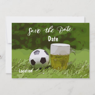 Invitación Ahorro de fútbol fecha con cerveza en césped verde
