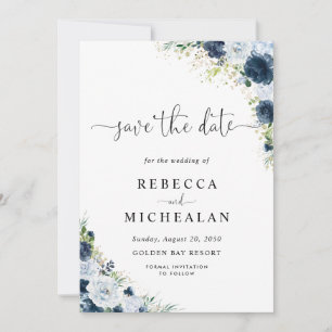 Invitación Ahorro de la fecha de boda floral azul marino