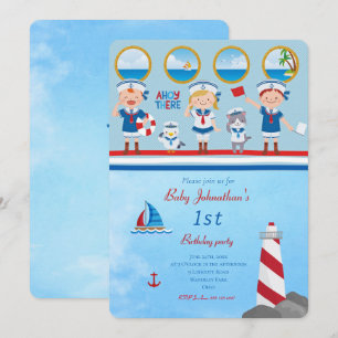 Invitación Ahoy Ahí Red Blue White Sailors Lighthouse Bote
