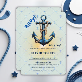 Invitación ¡Ahoy azul moderno! Anchor Nautical Baby Shower