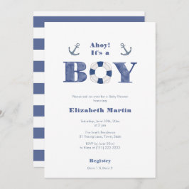 Invitación ¡Ahoy! Baby Shower De Navy Blue Y White Nautical B