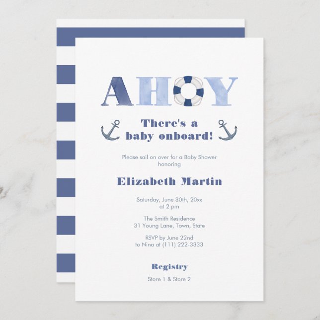 Invitación Ahoy Bebé A Bordo De Nautical Boy Baby Shower (Anverso / Reverso)