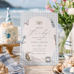 Invitación Ahoy Boy Fiesta de Bebé Náutica de Cuadros Azules
