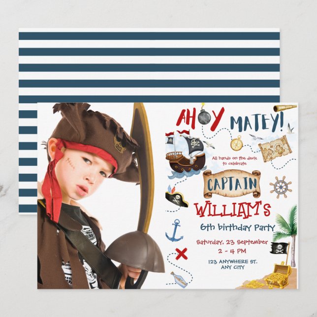 Invitación Ahoy Capitán Foto Niños Piratas Cumpleaños Fiesta (Anverso / Reverso)