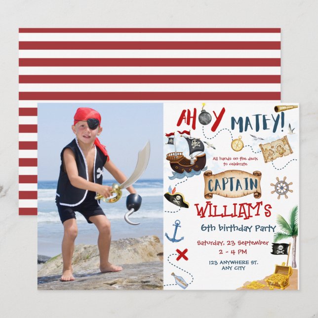 Invitación Ahoy Capitán Foto Niños Piratas Cumpleaños Fiesta (Anverso / Reverso)