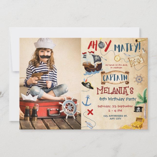 Invitación Ahoy Capitán Tesoro Niños Piratas Cumpleaños Fiest (Anverso)