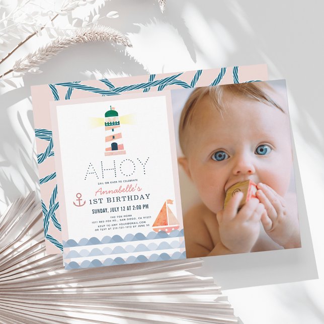 Invitación Ahoy Chica rosado náutico Foto primer cumpleaños (Subido por el creador)