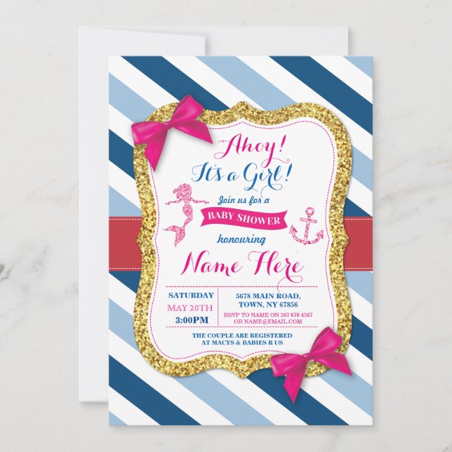 Invitación Ahoy el arco del rosa de Baby Shower de la sirena (Anverso)