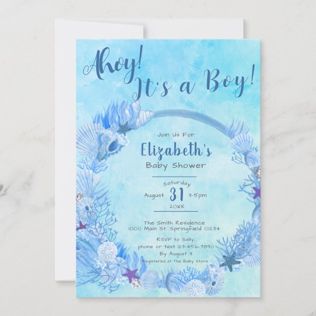 Invitación Ahoy es el Baby Shower de un chico lindo azul (Anverso)