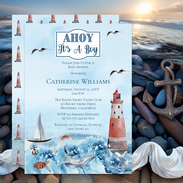 Invitación Ahoy es el Baby Shower de un faro de niño en el oc (Ahoy It's A Boy Lighthouse Ocean-Themed Nautical Boy Baby Shower Invitation - Print | Digital)