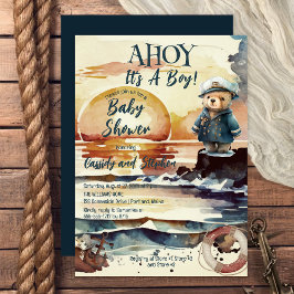 Invitación Ahoy, es el Baby Shower de un niño con osito de pe