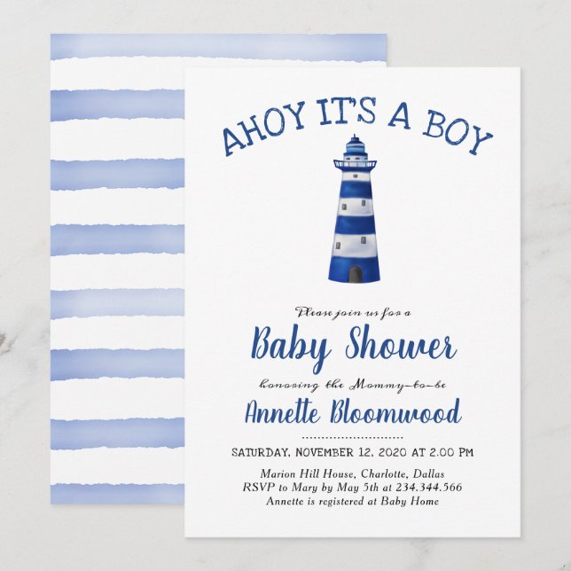 Invitación Ahoy Es El Faro De Un Niño | Baby Shower náutico (Anverso / Reverso)