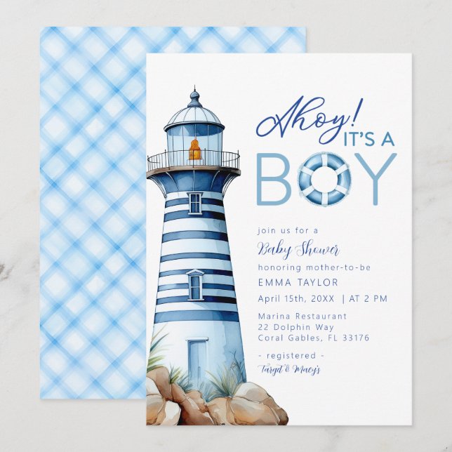 Invitación Ahoy es el faro de un niño náutico Baby Shower (Anverso / Reverso)