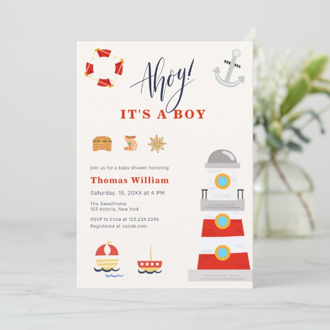 Invitación Ahoy es niño Faro Baby Shower  (Anverso de pie)