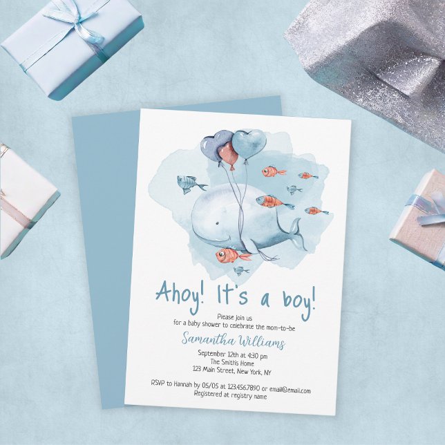 Invitación Ahoy es un Baby Shower de ballena de chico lindo (Ahoy It's A Boy Cute Whale Baby Shower Invitation
)