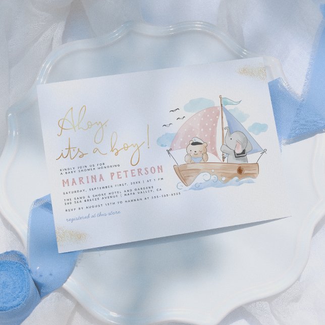 Invitación Ahoy es un Baby Shower de boy Elephant & Bear Boat (Subido por el creador)